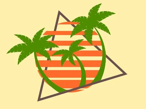 80s retro sci-fi palm trees on a sunset. Retro futuristic sun with palm tre.. 스톡 일러스트