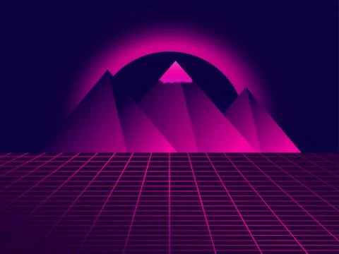 80s retro sci-fi pyramids. Futuristic background with grid and pyramids. Land Stock Illustration