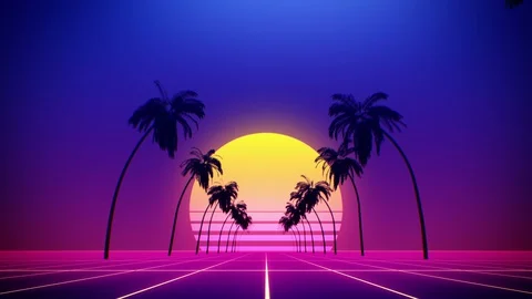 80's retro style background looped with tropical coconut trees and summer sunset Stock Footage 128669760
