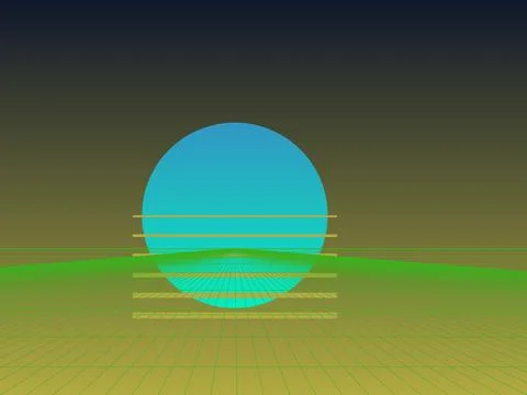 80s Retro Synthwave Background with Cyan Sun and Neon Green Perspective Gri.. Stock Illustration