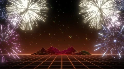 80s retro synthwave landscape with glowing neon grid, low poly mountains and Stock-Footage 337460992