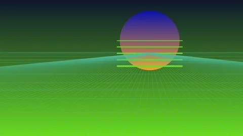 80s retro synthwave landscape with green wireframe grid floor and sunset ba.. イラスト素材