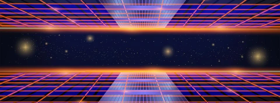 80s Retro Synthwave Space Background with Neon Grid Stock Illustration