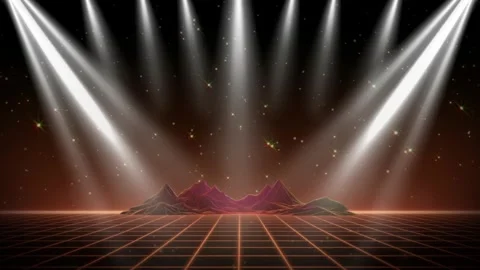 80s retro synthwave stage background with neon grid, wireframe mountains and Stock Footage 337459951