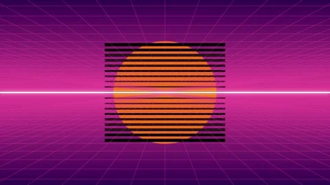 80s Retro Synthwave Sun and Neon Grid Horizon, Vintage Cyberpunk Sunset Stock Footage 329903743