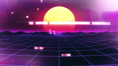 80s Retro Synthwave Wireframe Landscape with Glowing Neon Sunset Stock Footage 344252342