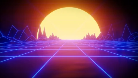 80s retro wireframe 3D Animation  background. Neon retrowave horizon landscape. Stock Footage 128950698