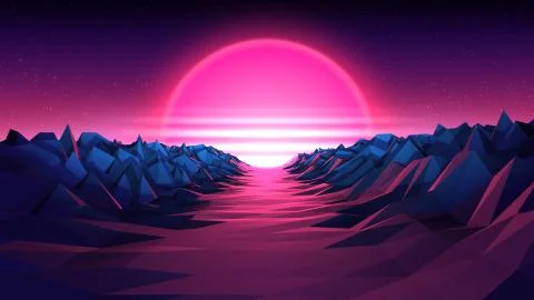 80s Retrowave Background Grid Terrain and Sunset among the star Stock Illustration