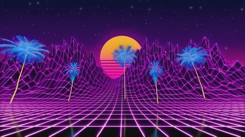 80s retrowave neon background. Loop animation of 3d terrain with palm trees Stock Footage 129850600