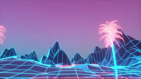 80s retrowave neon background. Loop animation with palm trees and computer Stock Footage 148499140