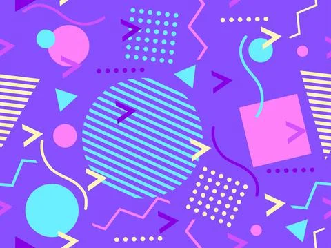 80s seamless pattern with geometric shapes in memphis style. Circles and tria Stock Illustration