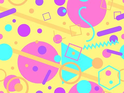 80s seamless pattern with geometric shapes in memphis style. Circles and tria Stock Illustration