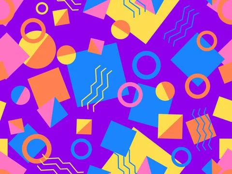80s seamless pattern with geometric shapes in memphis style. Circles and tria Stock Illustration