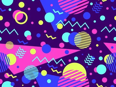 80s seamless pattern with geometric shapes in memphis style. Circles and tr.. Illustrazione stock