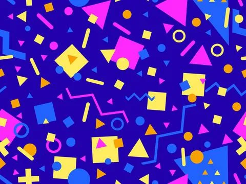 80s seamless pattern with geometric shapes in memphis style. Circles and tr.. Stock-Illustration