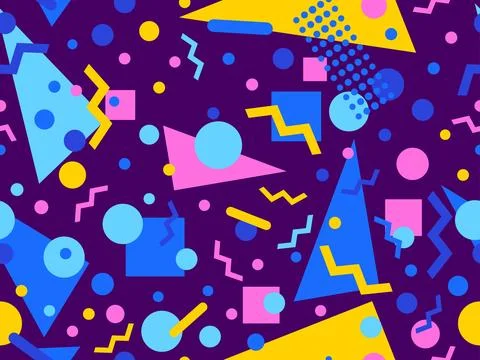 80s seamless pattern with geometric shapes in memphis style. Circles and tr.. Stock-Illustration