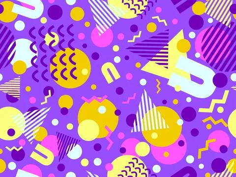 80s seamless pattern with geometric shapes in memphis style. Circles and tr.. Stock Illustration
