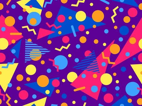 80s seamless pattern with geometric shapes in memphis style. Circles and tr.. Stock Illustration