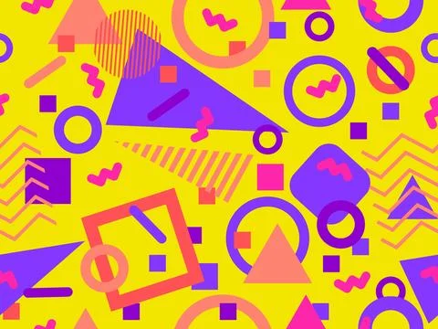 80s seamless pattern with geometric shapes in memphis style. Circles and tr.. 스톡 일러스트