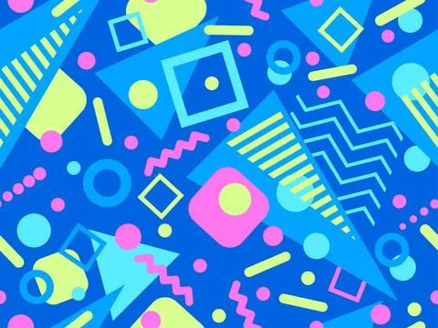 80s seamless pattern with geometric shapes in memphis style. Circles and tr.. Stock-Illustration