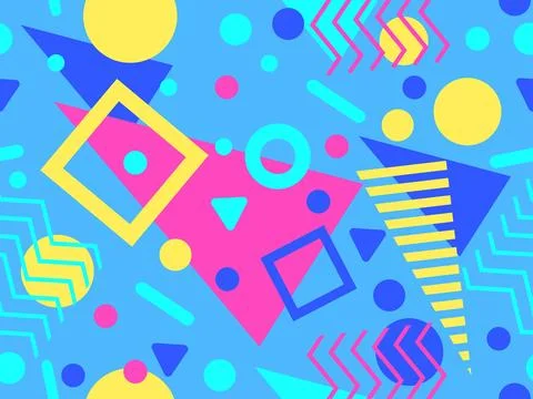 80s seamless pattern with geometric shapes in memphis style. Circles and tr.. Stock Illustration
