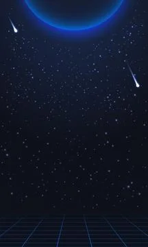 80s style of outer space with big planet, comets and stars Stock Illustration