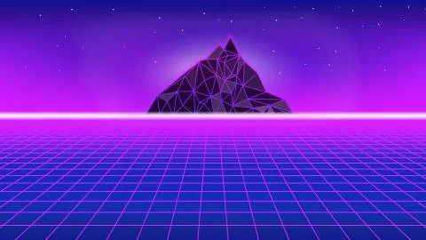 80s style poster with polygon mountain. Synthwave style Stock Illustration