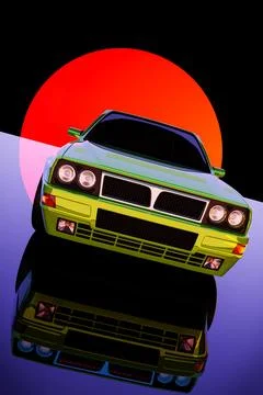 80s style sci-fi background with supercar. Futuristic retro car. 3d retro fut Stock Illustration