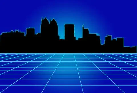 80s style sci-fi, blue background with black city landscape. futuristic Stock Illustration
