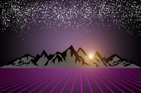 80s style sci-fi, dark starry sky background with sunrise behind black, gray Stock Illustration