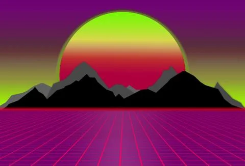80s style sci-fi, purple and pink background with sunset behind black and gray Stock Illustration