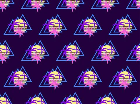 80s sunset with palm trees seamless pattern. Retro futuristic sun. Synthwave Stock Illustration