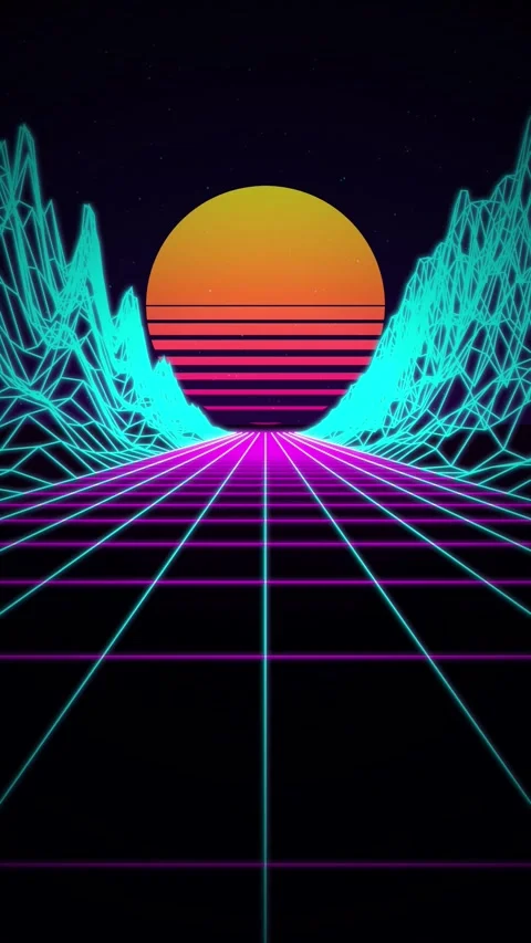 80s synthwave grid road neon mountain sunrise seamless loop background Видео 346417375