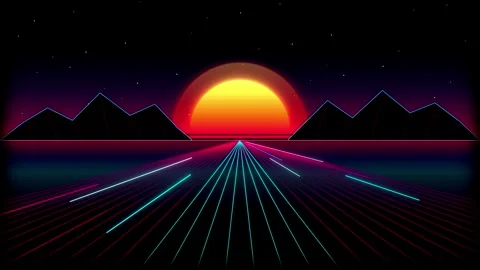 80s synthwave retro sun and neon 3d wireframe grid horizon seamless loop Stock Footage 346251801