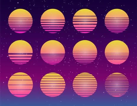 80s Synthwave Retro Sunset collection Ilustración de archivo