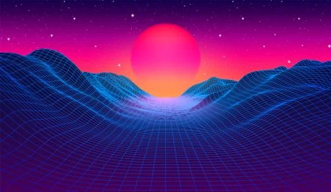 80s synthwave styled landscape with blue grid mountains and sun over canyon Stock Illustration