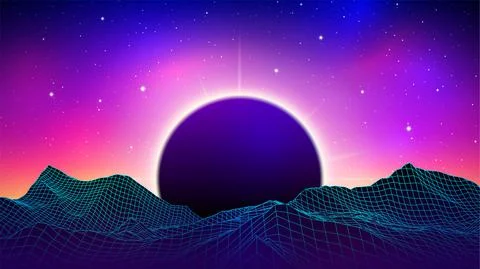 80s synthwave styled landscape with blue grid mountains peak and black sun with Stock Illustration