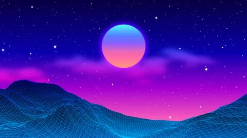 80s synthwave styled landscape with blue grid mountains peak and sun with clouds Stock Illustration