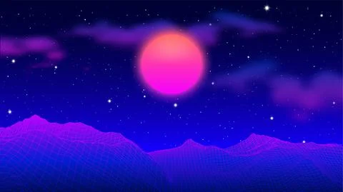 80s synthwave styled landscape with blue grid mountains peak and sun with clouds Stock Illustration