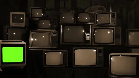 80s Television Stack One Green Screen Switching Off Zoom Out Stock Footage 112596300