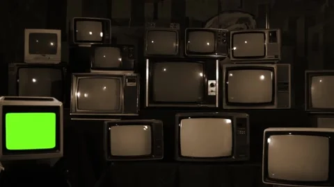 80s Television Stack One Green Screen Switching On Push In Stock Footage 112596361