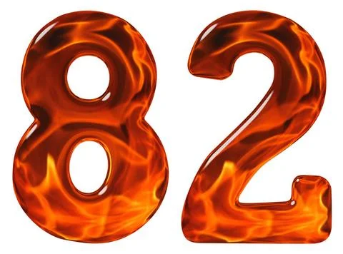 82, eighty two, numeral, imitation glass and a blazing fire, isolated on w... Stockfoto's