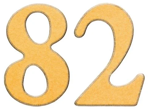 82, eighty two, numeral of wood combined with yellow insert, isolated on whit Stock Photos