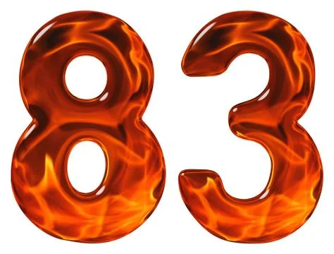 83, eighty three, numeral, imitation glass and a blazing fire, isolated on wh 스톡 일러스트