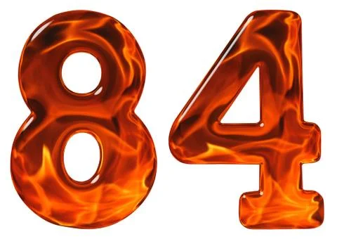 84, eighty four, numeral, imitation glass and a blazing fire, isolated on whi Stockillustratie