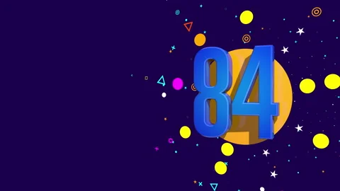 84 number on an orange circle spewing stars, circles against dark background Stock Footage 241844331