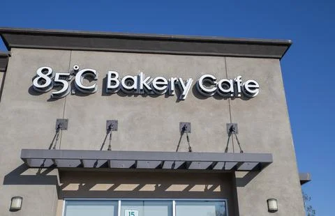 85 C Bakery Cafe restaurant modern exterior storefront entrance logo sign  Stock Photos