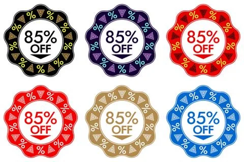 85% Off Discount Sticker. Set of Banner Design with 85% off Stock Illustration