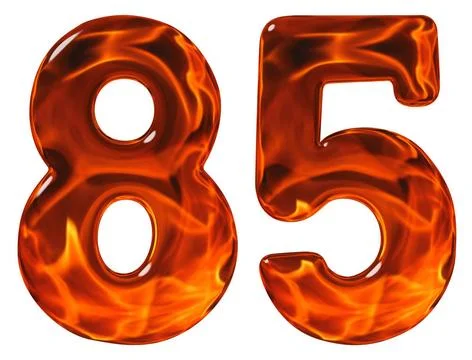 85, eighty five, numeral, imitation glass and a blazing fire, isolated on ... Stockfoto's