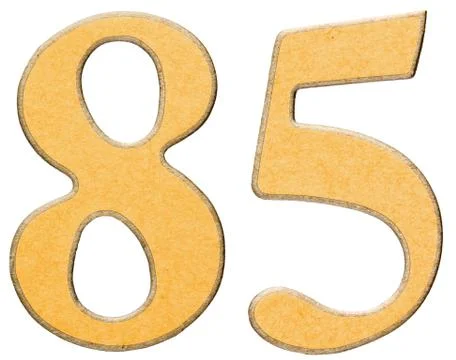 85, eighty five, numeral of wood combined with yellow insert, isolated on whi Stock Photos